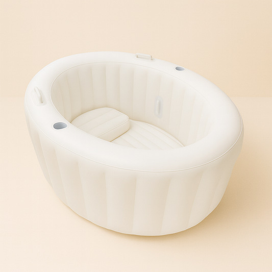 Inflatable oat milk birth pool on a beige background