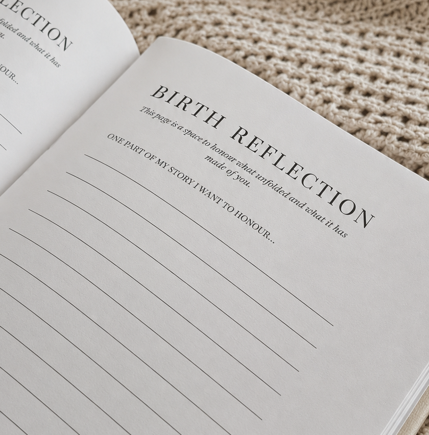 Interior spread of the Labour and Love postpartum journal showing birth reflection prompts