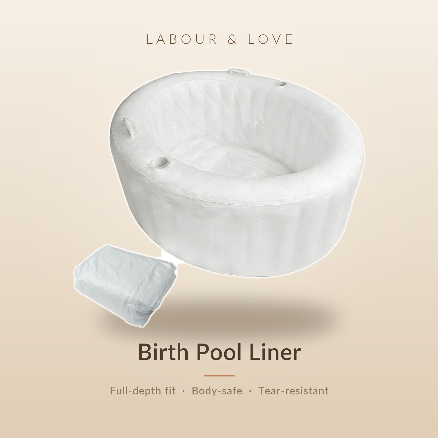 Labour & Love birth pool liner fitted inside an inflatable home birth pool, shown with the folded single-use liner alongside