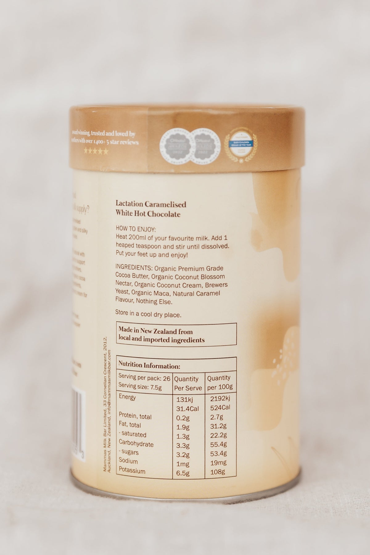 Mamma's Milk Bar Caramelised White Hot Chocolate lactation blend nutritional information panel