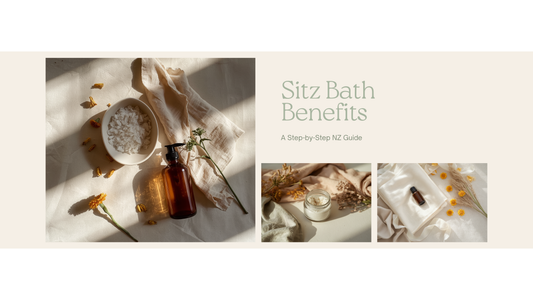 Soft editorial flat lay of a ceramic dish of bath salts with dried calendula petals, an amber glass bottle, and folded muslin cloth on a linen surface