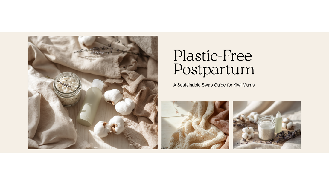 Soft editorial flat lay of plastic-free postpartum essentials — folded linen, a glass jar of bath salts and dried lavender on pale timber