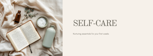 Soft editorial flat lay of postpartum recovery essentials on linen — Labour and Love