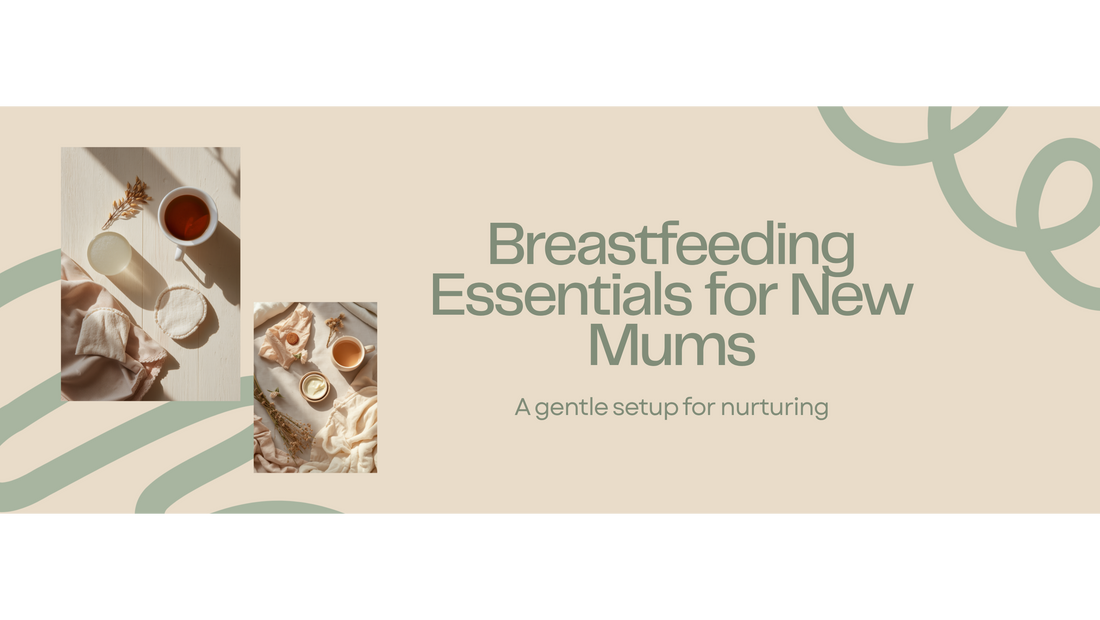 Soft editorial flat lay of breastfeeding essentials — a small pot of balm, dried oats, a ceramic teacup, and folded linen on pale timber in morning light