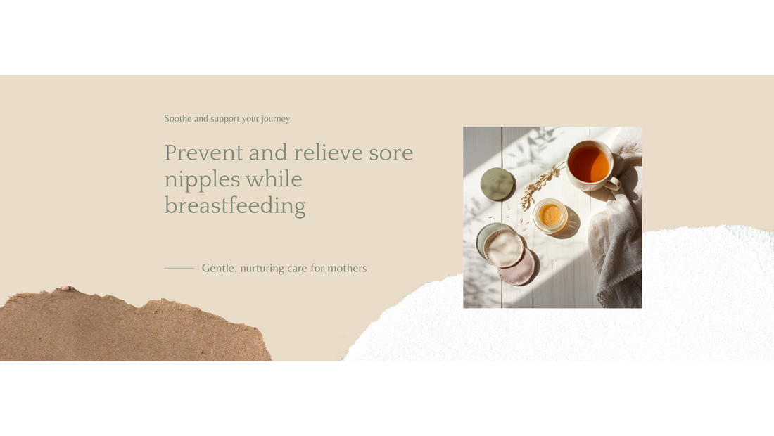 Soft editorial flat lay of breastfeeding nipple-care essentials — a pot of balm, dried oats, cotton breast pads and a teacup on linen in morning light