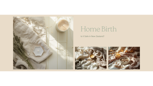 Soft editorial flat lay evoking a calm home birth space — folded linen, lavender sprig, beeswax candle and warm fairy lights on pale timber in gentle morning light.