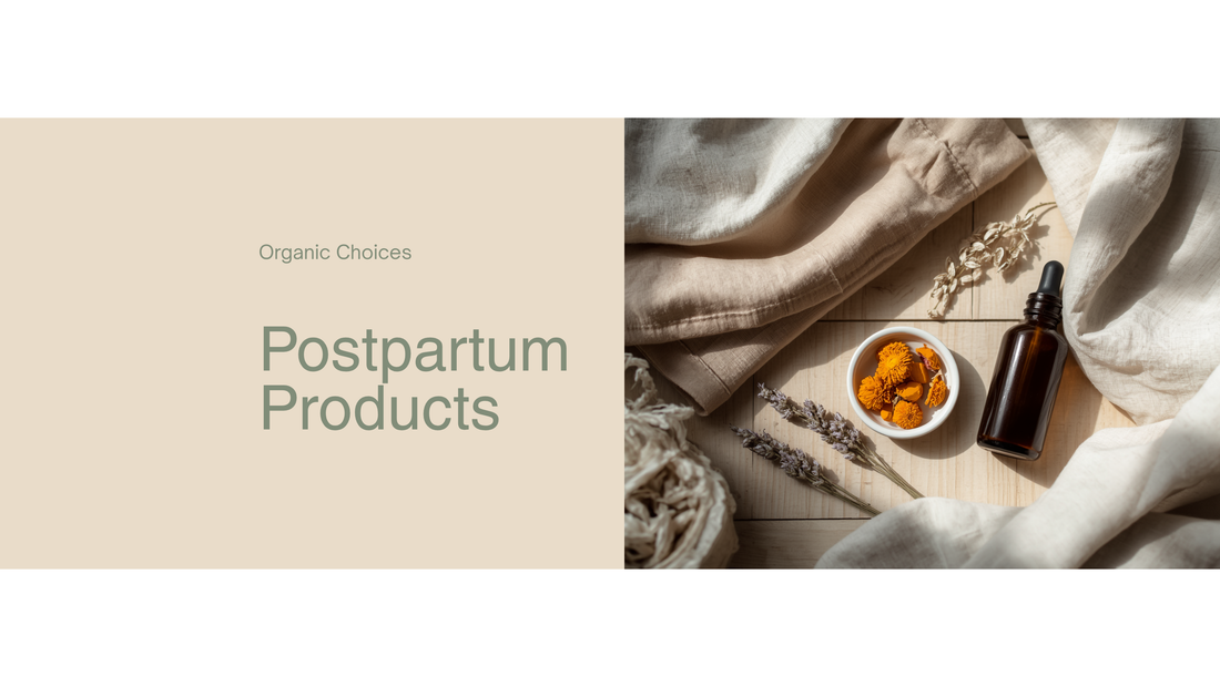 Soft editorial flat lay of organic postpartum essentials — amber glass bottle, dried calendula petals in a ceramic dish, sprig of lavender and folded linen on pale timber in warm morning light.