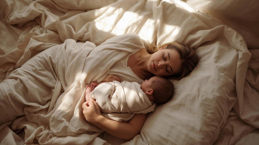 New mother resting on soft oat-cream bedding with her baby cradled close — the importance of postpartum rest | Labour and Love