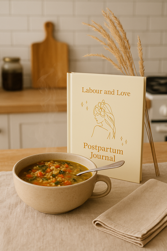 Labour and Love postpartum journal styled with a hearty homemade soup in a cosy kitchen setting, representing intentional gifting, postpartum recovery, and nourishment for new mums.