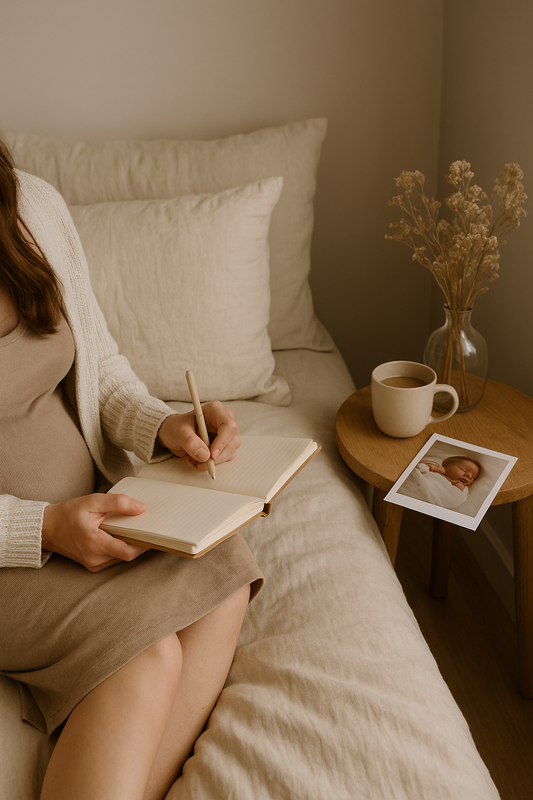 New Zealand mother journaling during the postpartum period, reflecting in a calm home setting beside a newborn photo and warm tea.