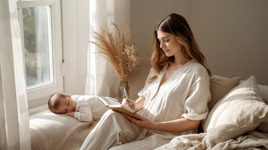 New mother resting and journaling by a window in soft natural light — the 5-5-5 postpartum recovery rule | Labour and Love