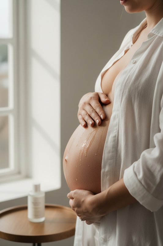 Pregnant woman massaging Labour and Love belly oil into her bump — third trimester preparation