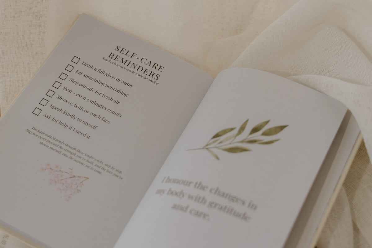 Self-care reminders checklist page inside the Labour and Love guided postpartum journal