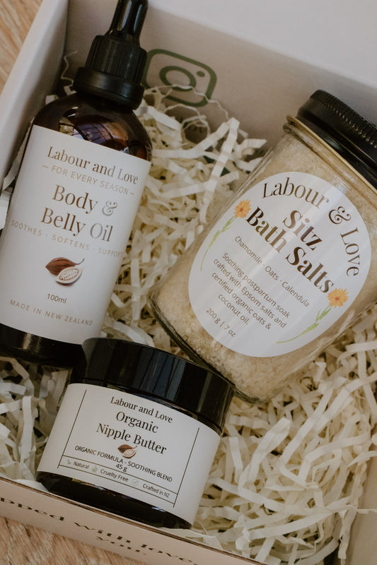 Body & Belly Oil, Sitz Bath Salts and Organic Nipple Butter nestled in the Labour & Love Gentle Beginnings gift box