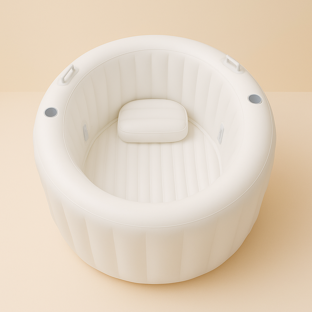 Oat Milk inflatable Birth Pool with a small inflatable seat on a beige background