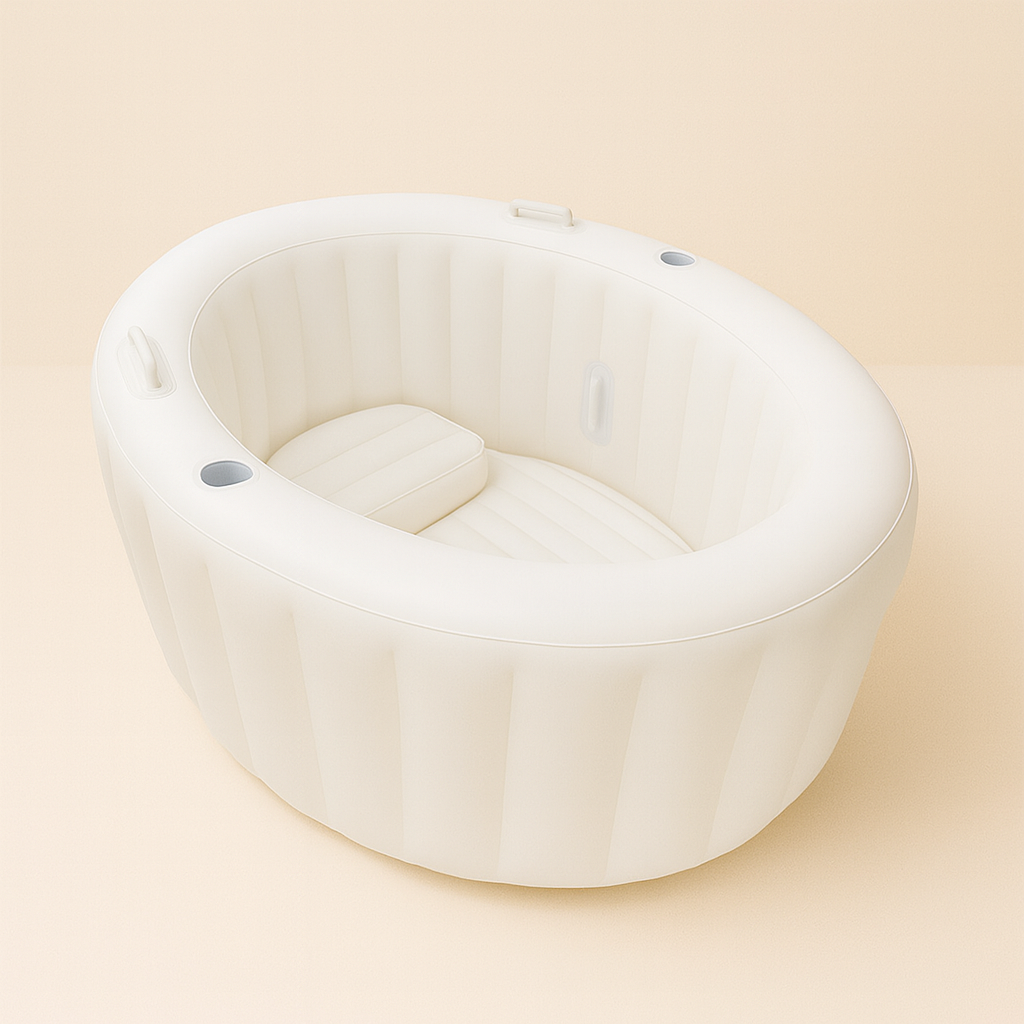 Inflatable oat milk birth pool on a beige background