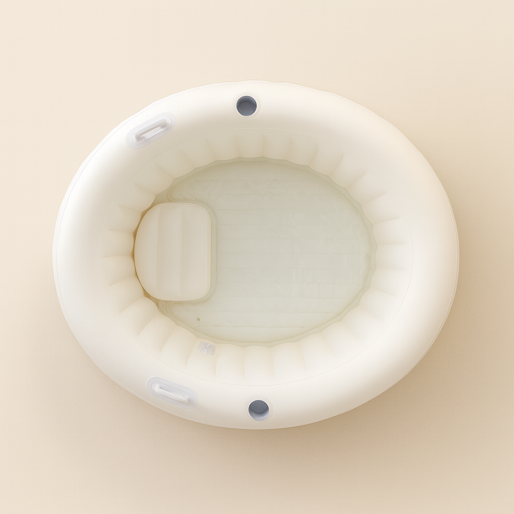 Beige Labour and Love Birth Pool from the Birds Eye view  with a beige natural background.