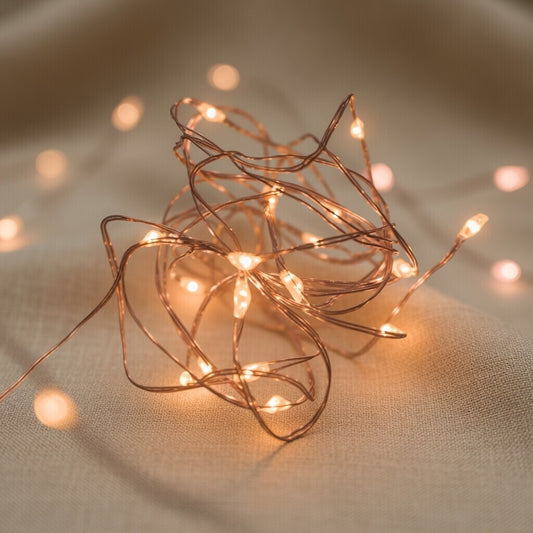 Coiled string of warm fairy lights on a beige fabric background