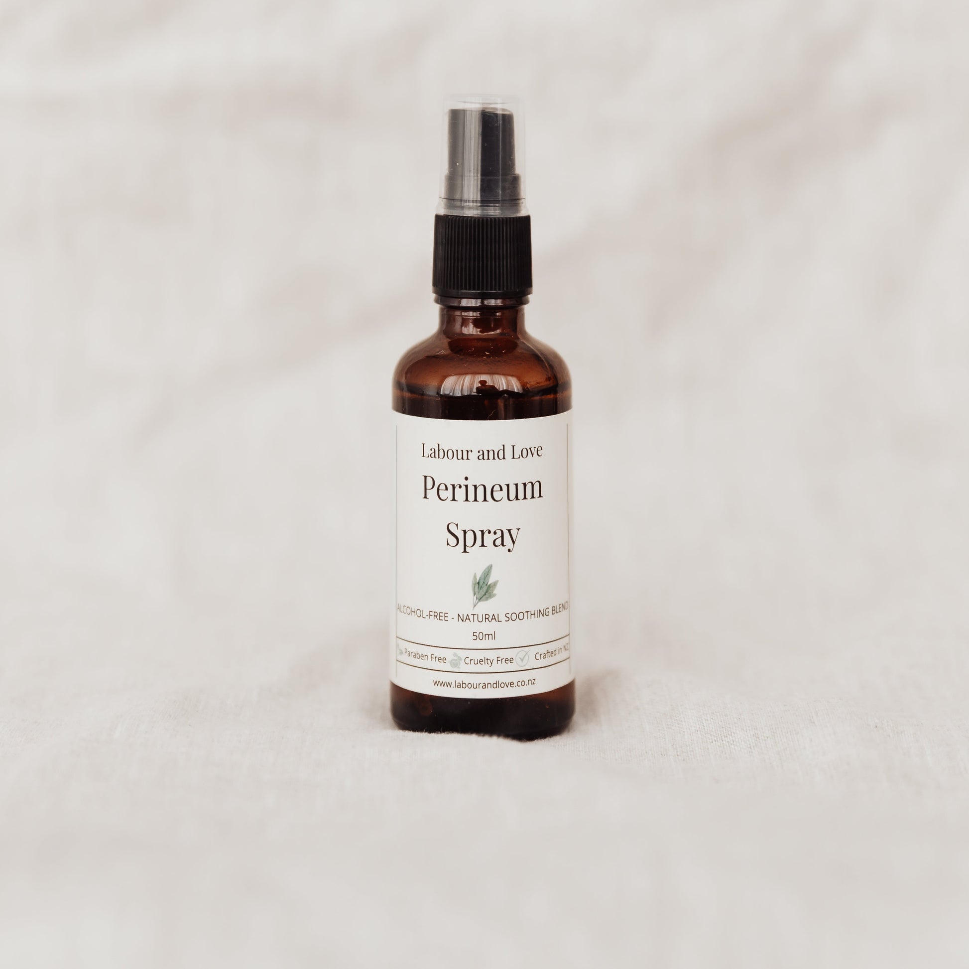Perineum spray bottle labeled 'Labour and Love' on a white background