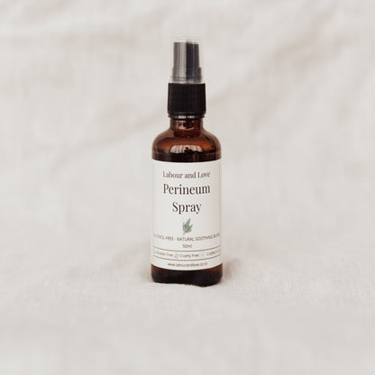 Perineum spray bottle labeled 'Labour and Love' on a white background