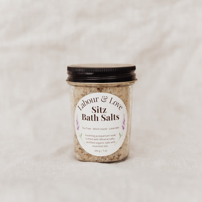 Jar of Lavender 'Labour & Love Sitz Bath Salts' on a light background