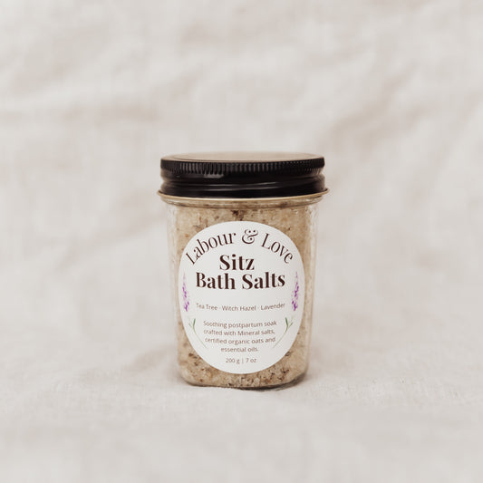 Jar of Lavender 'Labour & Love Sitz Bath Salts' on a light background