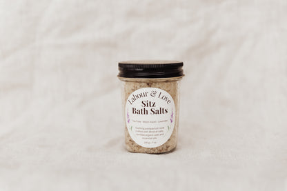 Jar of Lavender 'Labour & Love Sitz Bath Salts' on a light background