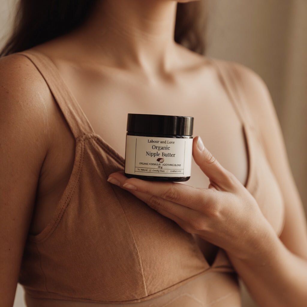New mother holding a jar of Labour and Love Organic Nipple Butter, a lanolin-free balm to soothe sore nipples while breastfeeding