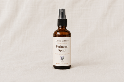 Front of Labour & Love Perineum Relief Spray bottle — gentle witch hazel & lavender hydrosol postpartum perineal relief spray, alcohol-free and made in NZ