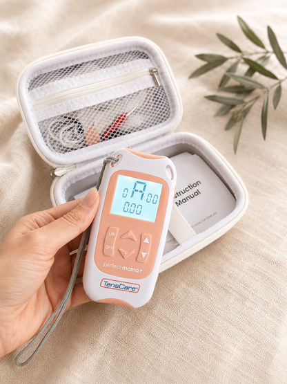 Hand holding the TensCare Perfect mama+ labour TENS machine — The Surge TENS machine hire NZ from Labour and Love