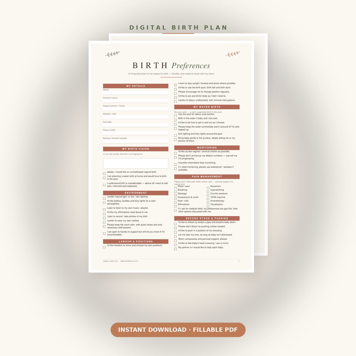Birth Plan & Preferences | Fillable Digital PDF