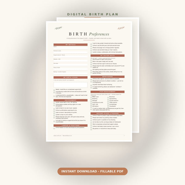Birth Plan & Preferences | Fillable Digital PDF