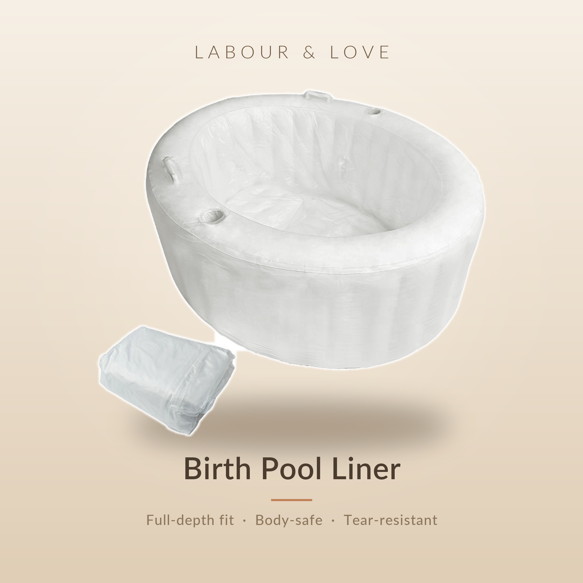 Labour & Love birth pool liner fitted inside an inflatable home birth pool, shown with the folded single-use liner alongside