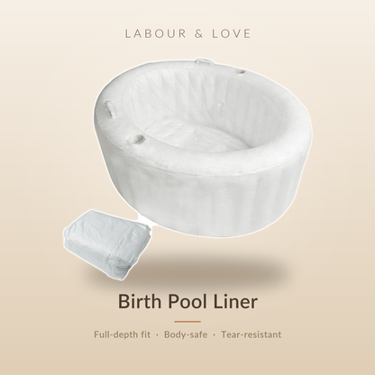 Labour & Love birth pool liner fitted inside an inflatable home birth pool, shown with the folded single-use liner alongside