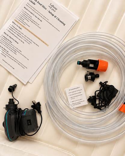 Labour and Love water birth kit with birth pool and accessories for home water births, showing pool and supporting equipment.