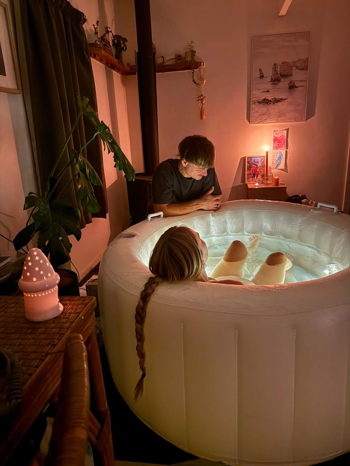 Labour & Love Natural Cream birth pool set up for hire — soft-sided inflatable pool for a calm home water birth in NZ