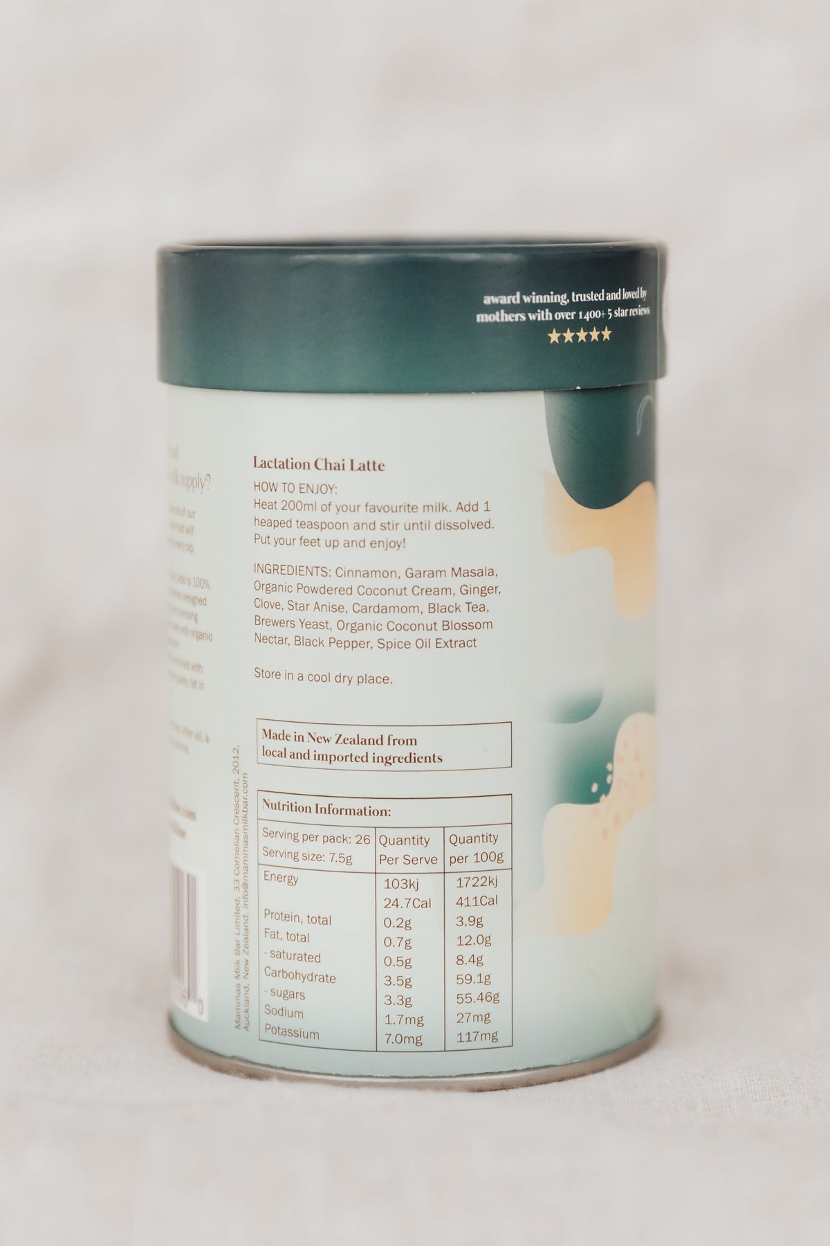 Mamma's Milk Bar Chai Latte lactation blend nutritional information panel